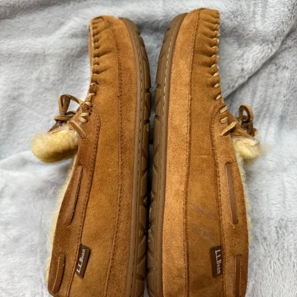 - L.L. Bean Wicked Good Tan Suede Shearling M9 W10.5 Moccasins Slippers …