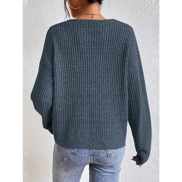 🌟 Minimalist cozy knit Notched Neck Drop Shoulder Sweater