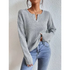 🌟 Minimalist cozy knit Notched Neck Drop Shoulder Sweater