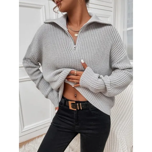🌟 Minimalist preppy Ribbed Knit Half Zipper Sweater