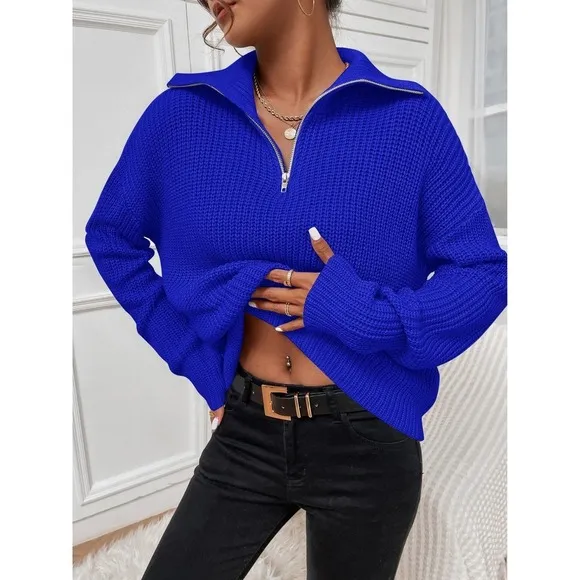 🌟 Minimalist preppy Ribbed Knit Half Zipper Sweater