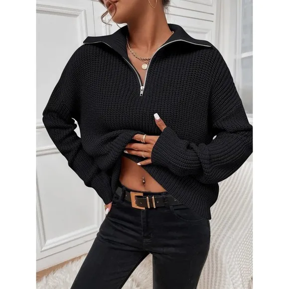 🌟 Minimalist preppy Ribbed Knit Half Zipper Sweater