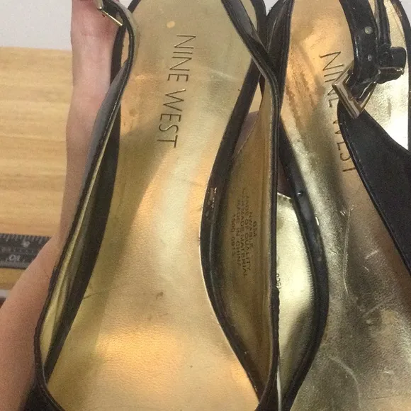 🌞 Nine West black patent leather slingbacks Peek-a-boo toes women 6M
