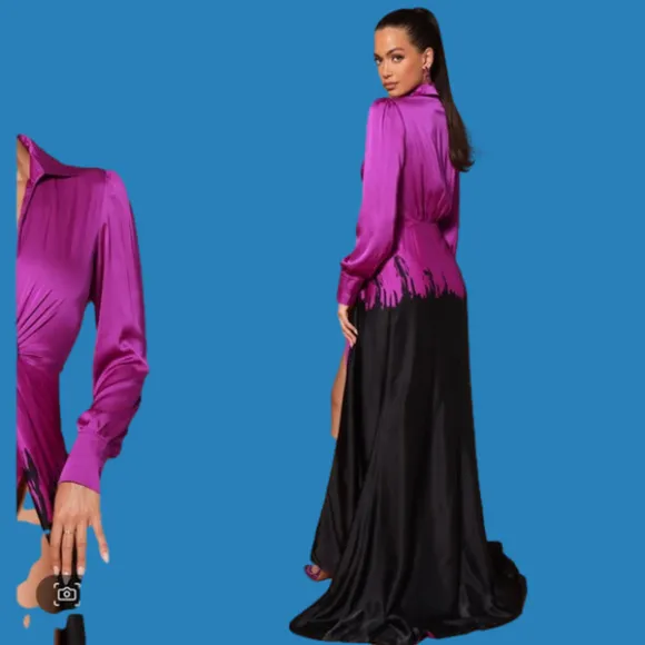 - OMBRE max dress. Long sleeves Black and pink/ purple. Satin, silk…