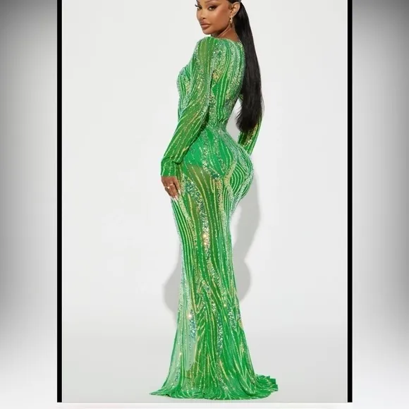 01 Long sleeve dress sequins mesh slit gala dress