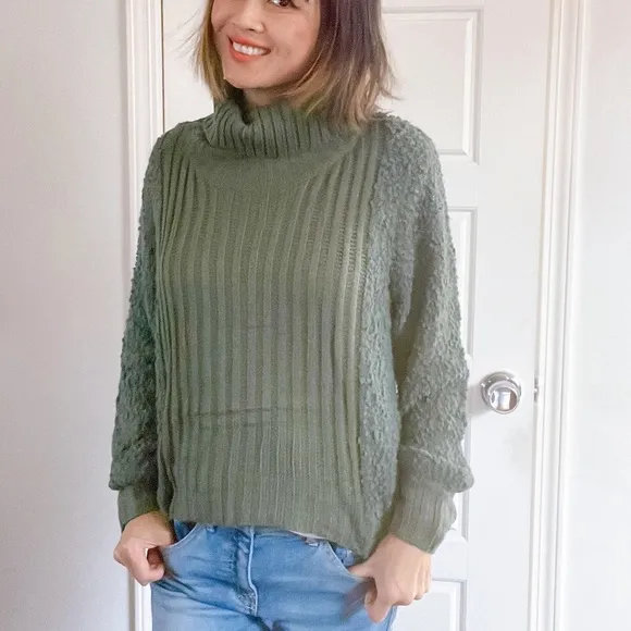 020 Cozy Green Cowl Neck Boucle Knit Sweater Top