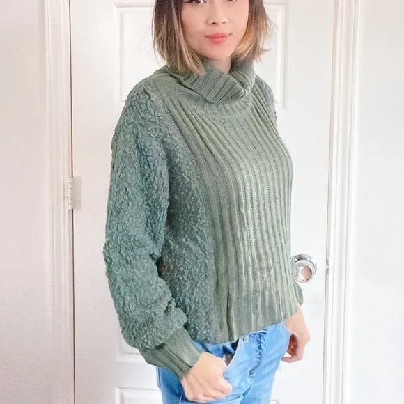 020 Cozy Green Cowl Neck Boucle Knit Sweater Top