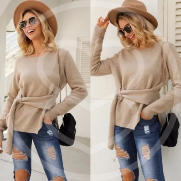 028 Cozy Khaki Tie Front Sweater Top