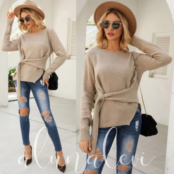 028 Cozy Khaki Tie Front Sweater Top