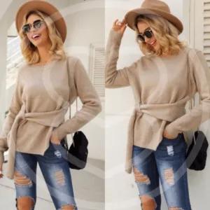 028 Cozy Khaki Tie Front Sweater Top