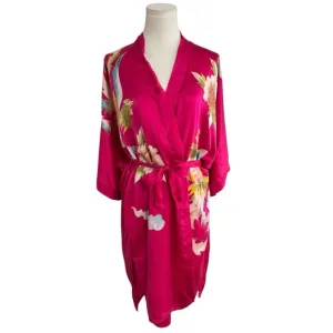 100% Silk Robe &amp; Slip Dress Pink Bird Floral Luxury Shusimai Japan Silky S M Set