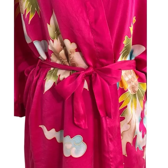 100% Silk Robe &amp; Slip Dress Pink Bird Floral Luxury Shusimai Japan Silky S M Set