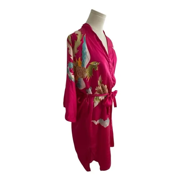 100% Silk Robe &amp; Slip Dress Pink Bird Floral Luxury Shusimai Japan Silky S M Set