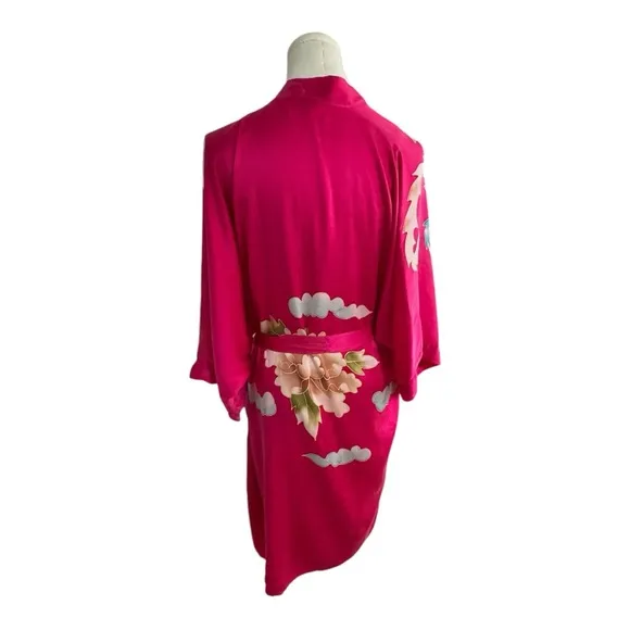 100% Silk Robe &amp; Slip Dress Pink Bird Floral Luxury Shusimai Japan Silky S M Set