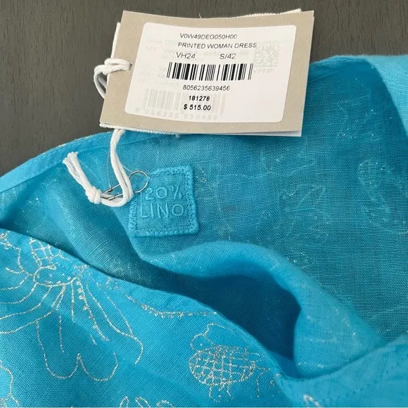120% Lino Blue Linen Glitter Floral Tunic Dress Cover-Up Cinched Waist Tie S