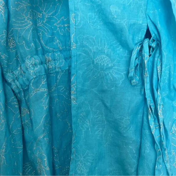 120% Lino Blue Linen Glitter Floral Tunic Dress Cover-Up Cinched Waist Tie S