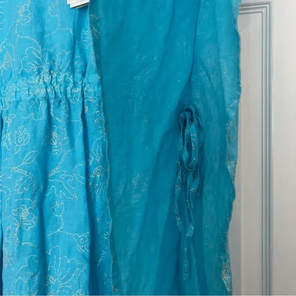 120% Lino Blue Linen Glitter Floral Tunic Dress Cover-Up Cinched Waist Tie S