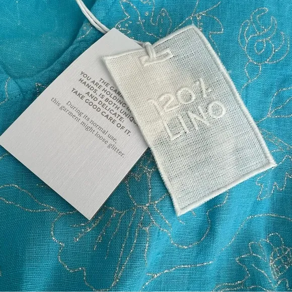 120% Lino Blue Linen Glitter Floral Tunic Dress Cover-Up Cinched Waist Tie S