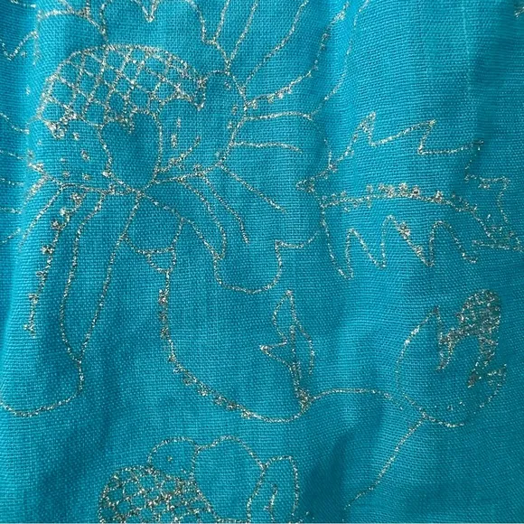 120% Lino Blue Linen Glitter Floral Tunic Dress Cover-Up Cinched Waist Tie S