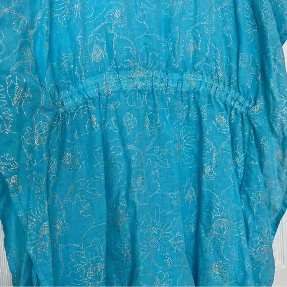 120% Lino Blue Linen Glitter Floral Tunic Dress Cover-Up Cinched Waist Tie S