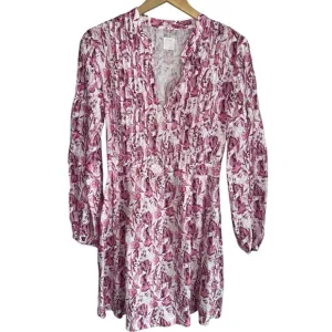 120% LINO |  Luxury Linen Long Sleeve Mini Dress | Pink White Floral IT 40/Small