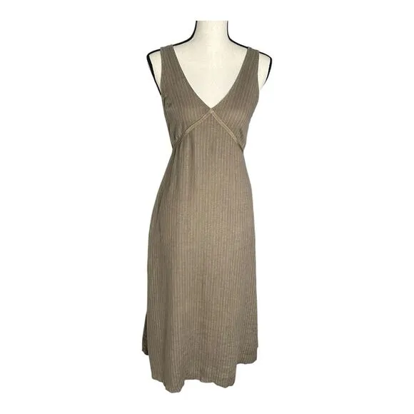 120% Lino‎ Luxury Linen Resort wear Maxi Dress Olive Green Size 40