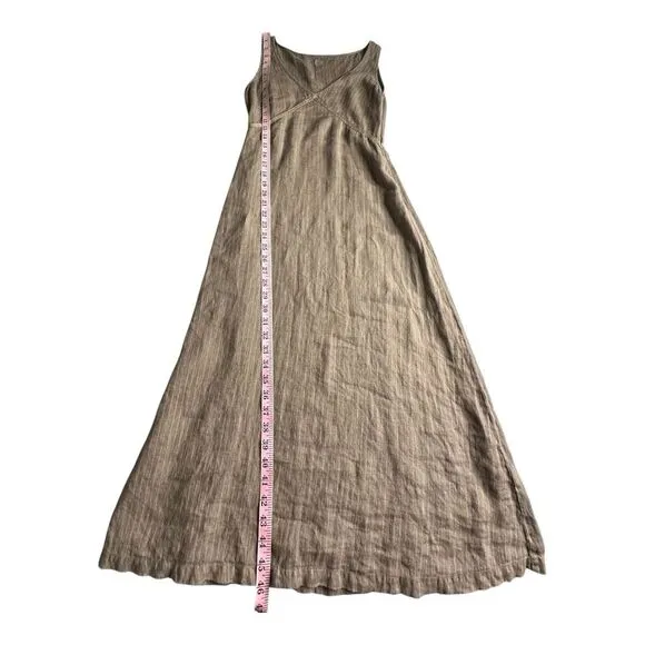 120% Lino‎ Luxury Linen Resort wear Maxi Dress Olive Green Size 40