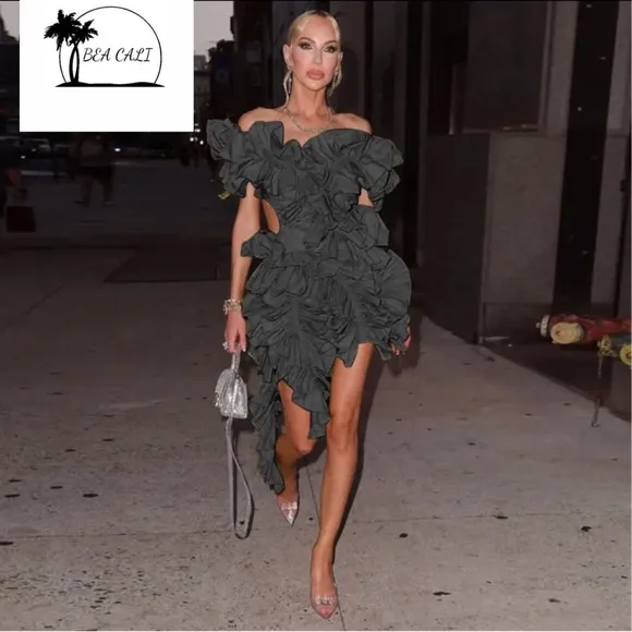 24hr SALE Olive Tired High Low Italian luxury Asymmetrical Dress Sexy Club Party