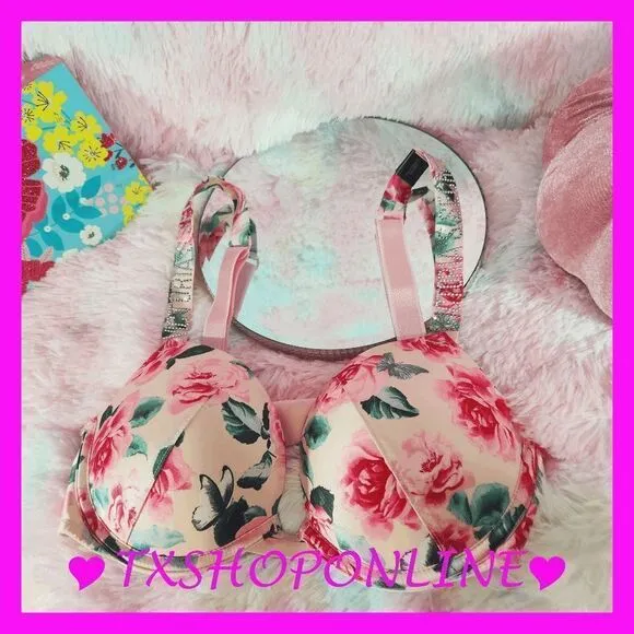 32 C Victoria's Secret floral push up bling straps bra NWT