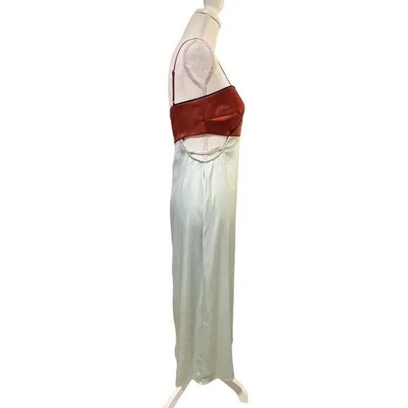 4SI3NNA Anthropologie Satin Slip Dress Size M Mint Burnt Orange Y2K Minimalist