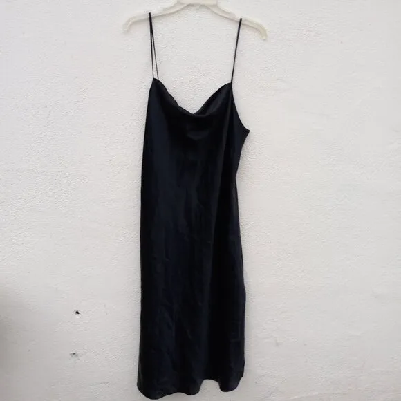 90s Style Black Satin Drapey Cowl Neck Nightie/Slip Dress- Size XL Minimalist