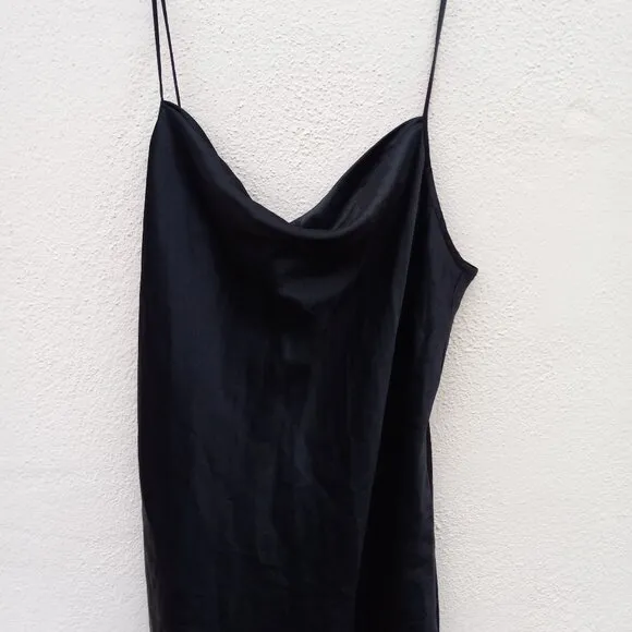 90s Style Black Satin Drapey Cowl Neck Nightie/Slip Dress- Size XL Minimalist