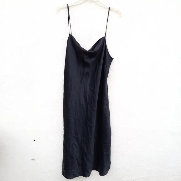 90s Style Black Satin Drapey Cowl Neck Nightie/Slip Dress- Size XL Minimalist