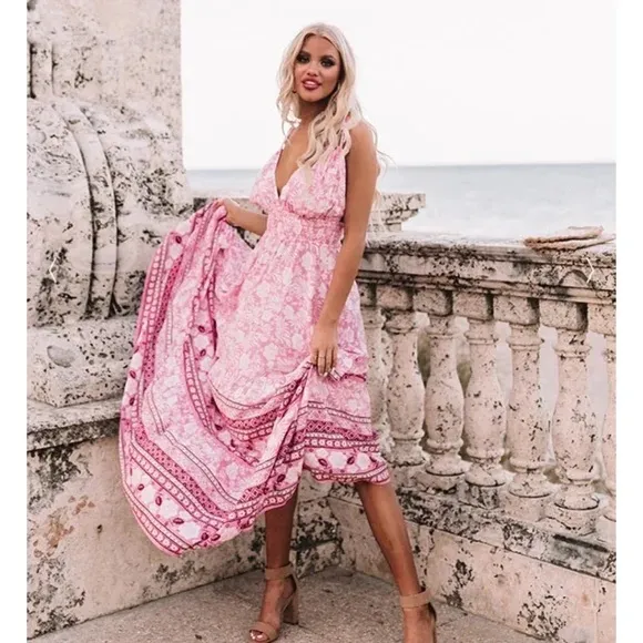 Aakaa beautiful pink floral flowy maxi sundress from high end boutique