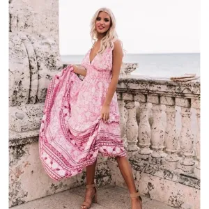 Aakaa beautiful pink floral flowy maxi sundress from high end boutique