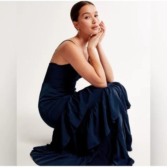 Abercrombie &amp; Fitch Ruffle Navy Tiered Maxi Dress Women's  M Minimalist Summer