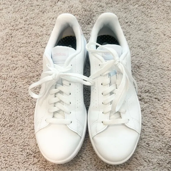 adidas Advantage Base Court Lifestyle White leather pink suede Trainers Sz 7.5