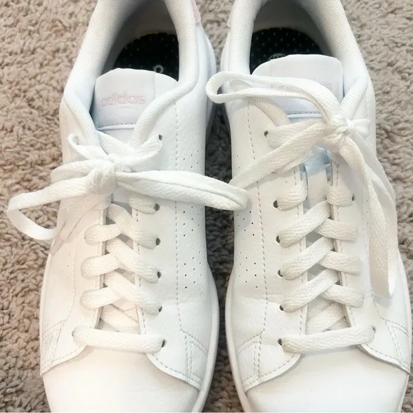 adidas Advantage Base Court Lifestyle White leather pink suede Trainers Sz 7.5