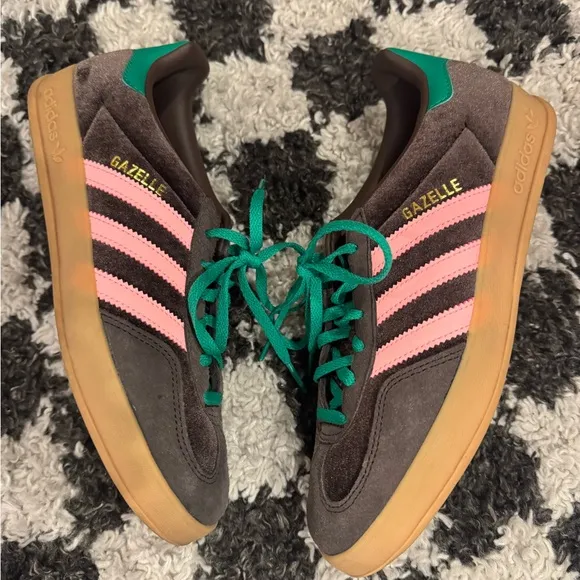 Adidas Gazelles in brown green &amp;Pink-Worn only a few hours-I bought wrong size!