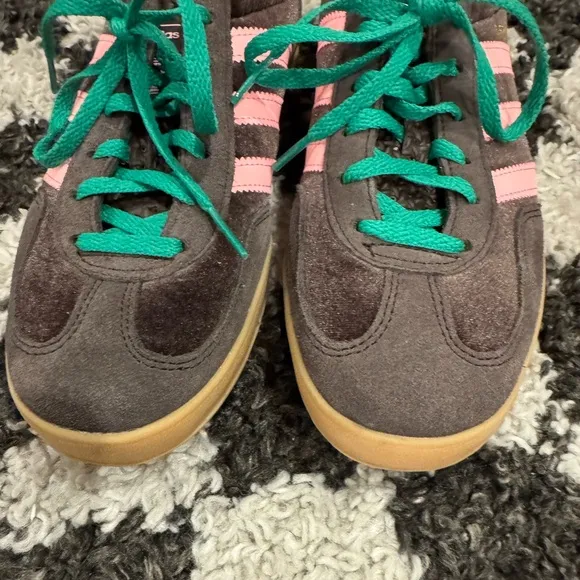Adidas Gazelles in brown green &amp;Pink-Worn only a few hours-I bought wrong size!