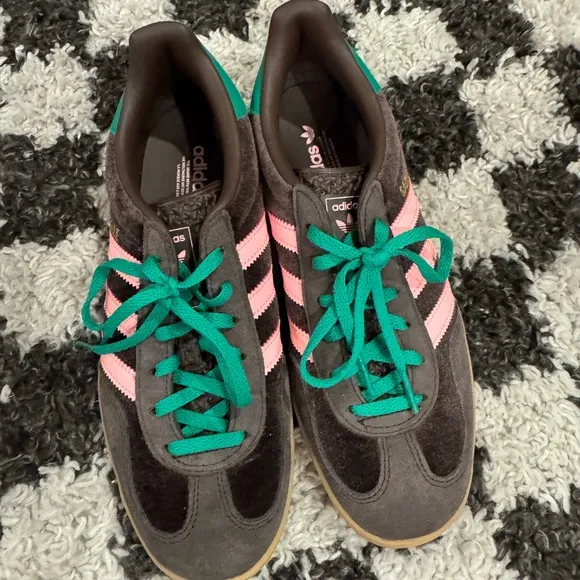 Adidas Gazelles in brown green &amp;Pink-Worn only a few hours-I bought wrong size!