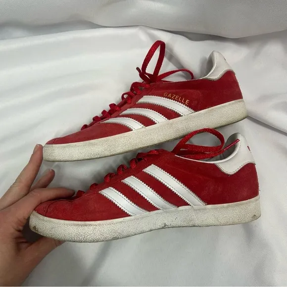 Adidas | Men's Gazelle Sneakers Red White Lace Up Shoes Stripes Size 5.5