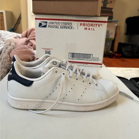 Adidas White and Navy Stan Smiths
