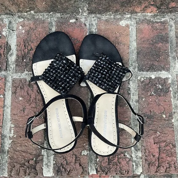 Adrienne Vittadini Black Suede Dress Sandals with Embellishment and Ankle Straps
