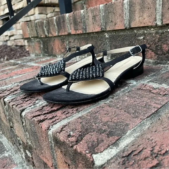 Adrienne Vittadini Black Suede Dress Sandals with Embellishment and Ankle Straps