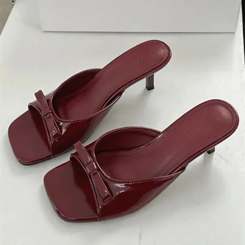 ADVBRIDGE  -  Cute Low Heel Slide Sandals Sexy Open Toe Patent Leather Bow Design Slippers Women Summer Sandals for Women Zapatillas De Casa