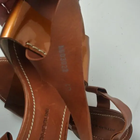 AGL T-Strap Slingback Handmade Sandals Brown Copper Patent Stacked Heel Size 40