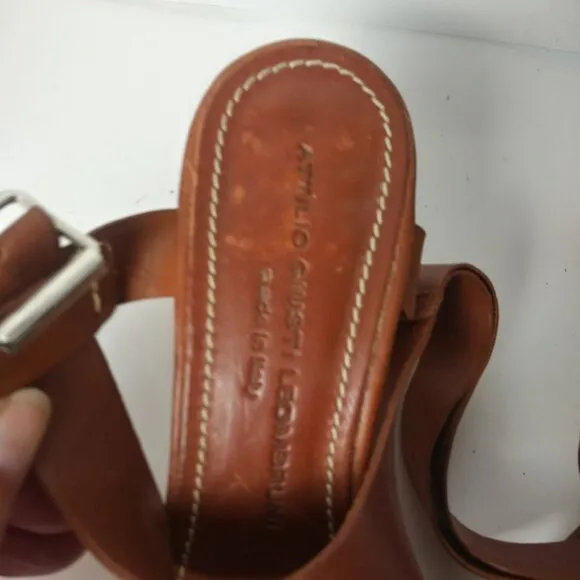 AGL T-Strap Slingback Handmade Sandals Brown Copper Patent Stacked Heel Size 40