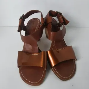 AGL T-Strap Slingback Handmade Sandals Brown Copper Patent Stacked Heel Size 40