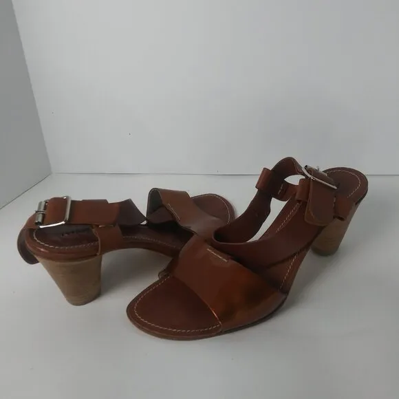 AGL T-Strap Slingback Handmade Sandals Brown Copper Patent Stacked Heel Size 40
